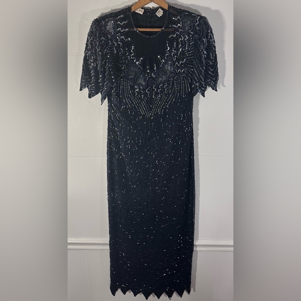 Scala Black Beaded and Sequin Maxi Dress with Zigzag Hem